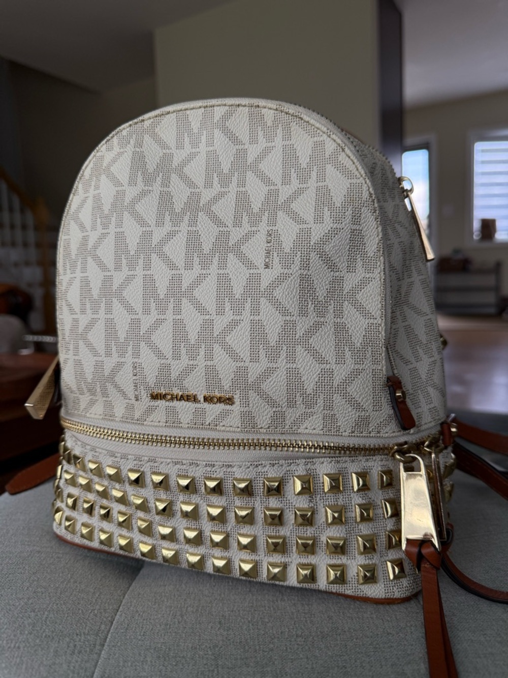 Michael Kors Monogram Gold Studded Ivory Vanilla Leather Small Backpack